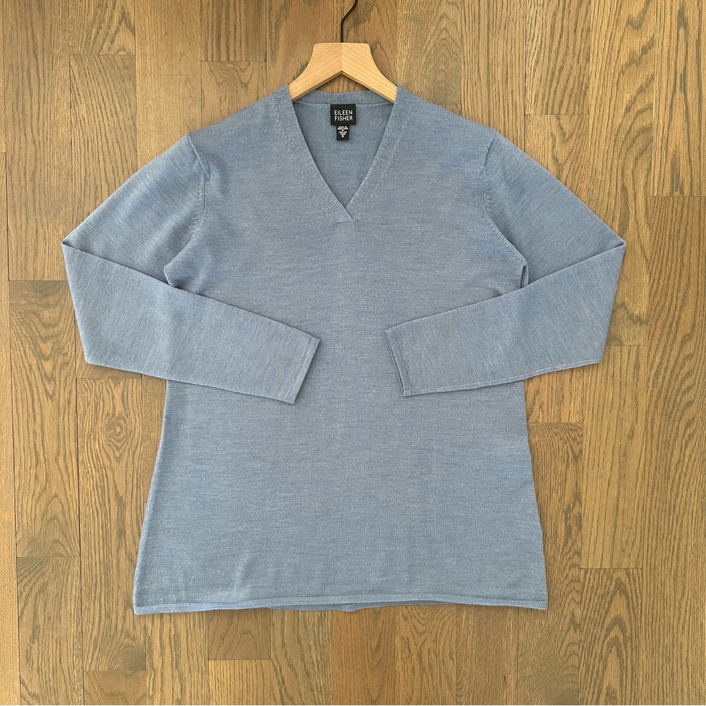 Eileen Fisher Long Sleeve V-Neck Merino Wool Sweater In Periwinkle Blue Small